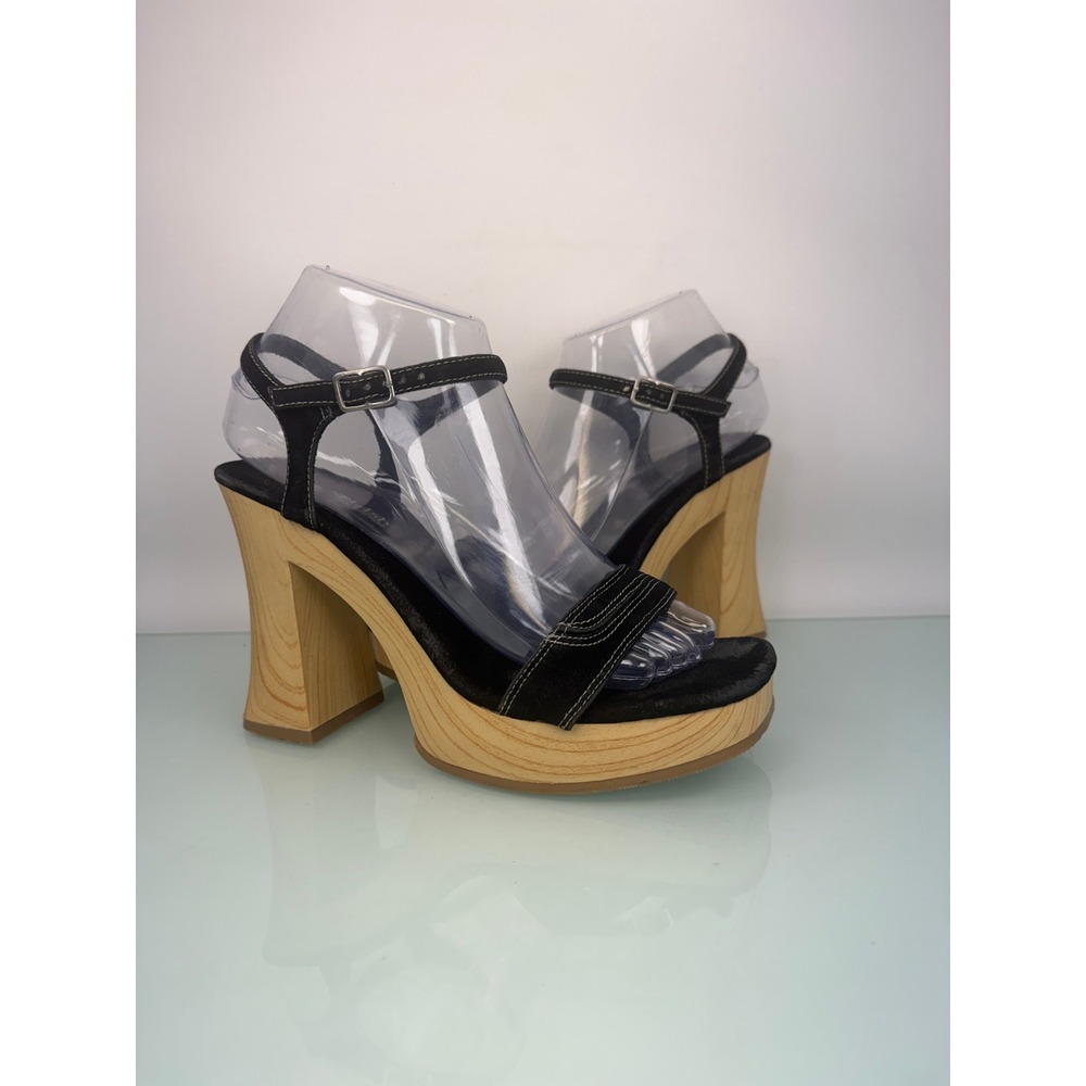 Splash Black Platform Clog Sandals 7.5 Vintage 90s Y2K Wood Heel Square Toe